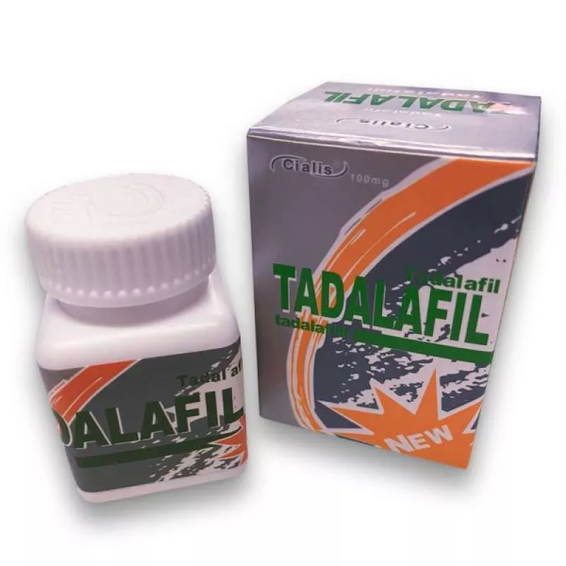 Cialis Tadalafil 100mg medication box and bottle, promoting performance and stamina.