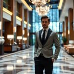 Confident businessman in stylish suit standing in luxury hotel lobby