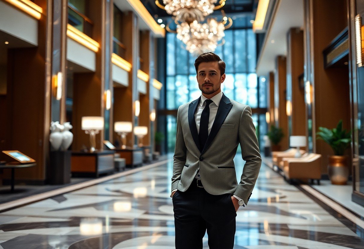 Confident businessman in stylish suit standing in luxury hotel lobby