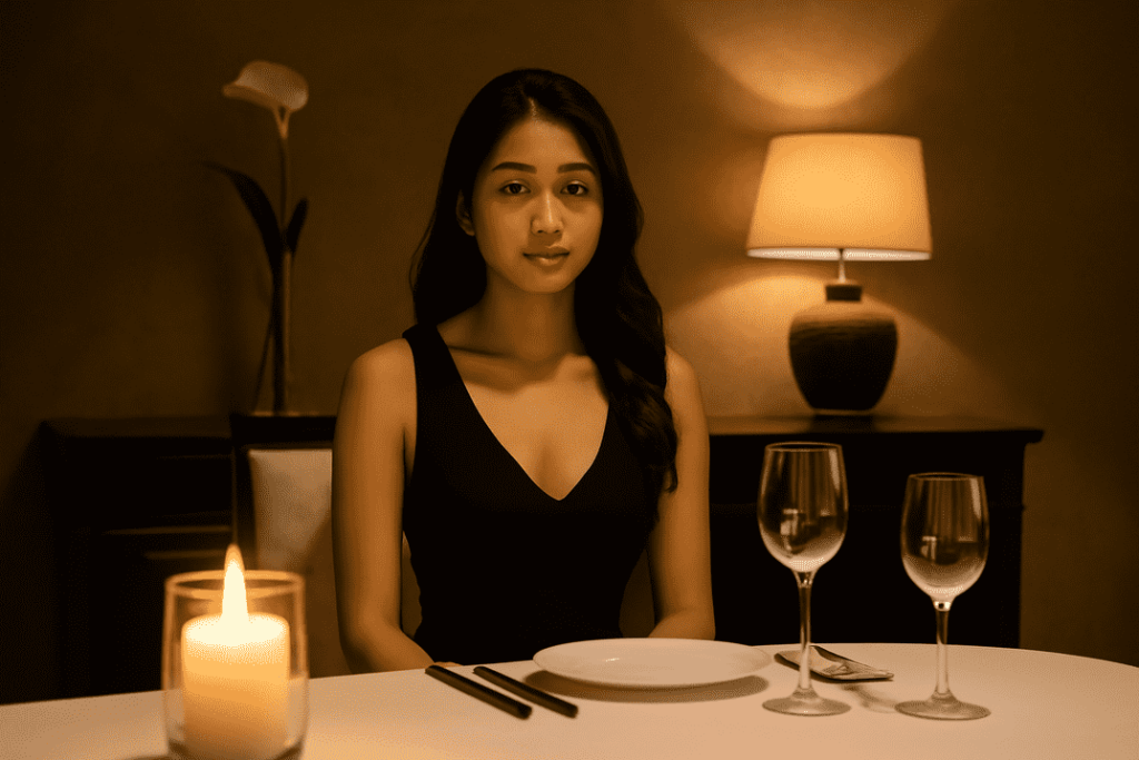 Woman in black dress sits at a table set for two.