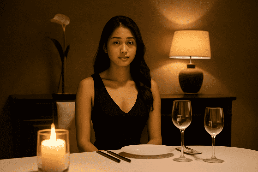 Woman in black dress sits at a table set for two.