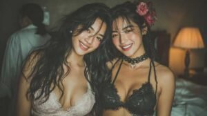 Two young women smiling, wearing lingerie, with one holding a flower in her hair.