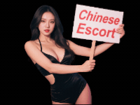 Woman holding sign reading "Chinese Escort