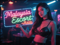 Woman holding neon sign that says "Malaysia Escort -Asia-".