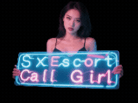 Woman holding neon sign reading "SX Escort Call Girl