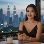 Smiling woman using smartphone in Kuala Lumpur restaurant with city skyline view.