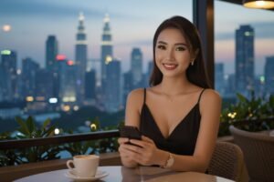 Smiling woman using smartphone in Kuala Lumpur restaurant with city skyline view.