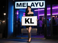 Woman in black dress holding "KL" sign outside a nightclub called "MELAYU