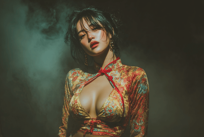 Woman in gold floral dress with deep neckline, dramatic lighting, and smoky background.