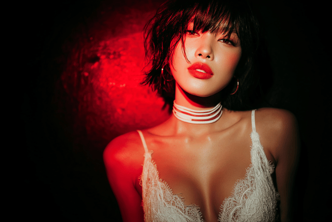Woman with red lipstick and short hair in a white lace top under red lighting