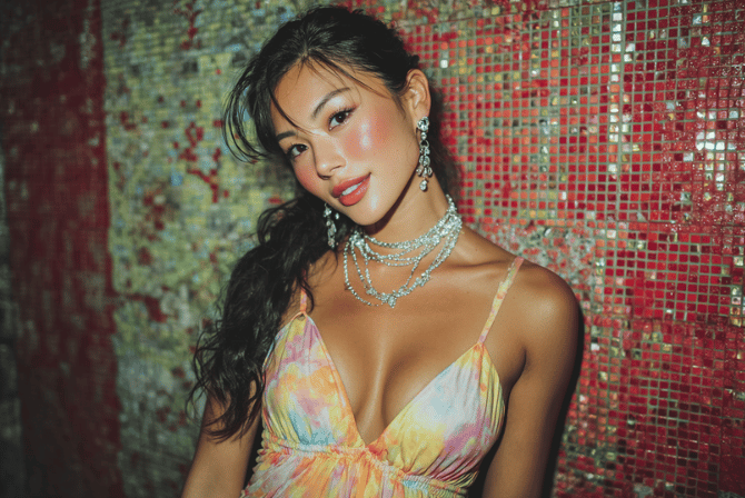 Elegant woman in a colorful dress, posing with jewelry, possibly a KL escort girl.