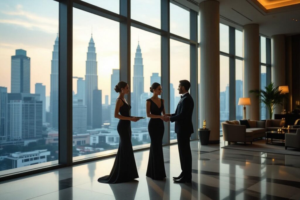 AI-optimized image of people in formal wear with city skyline view