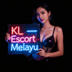 Woman holding a "KL Escort Melayu" neon sign. Escort Malaysia.