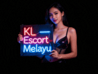 Woman holding a "KL Escort Melayu" neon sign. Escort Malaysia.