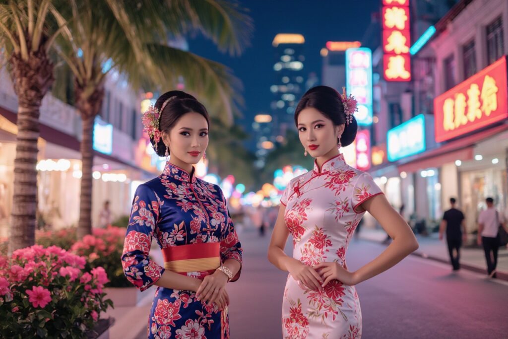 Two women in cheongsams pose on a vibrant, neon-lit Asian street at night.