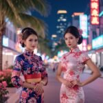 Two women in cheongsams pose on a vibrant, neon-lit Asian street at night.