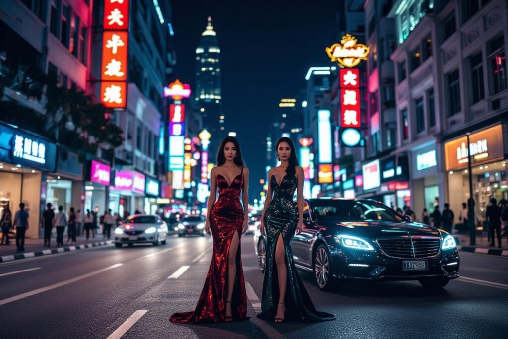 Two women in gowns on a city street at night with neon lights and a luxury car.