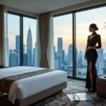 Woman in elegant dress looks at Kuala Lumpur skyline from luxury hotel room. Suitcase and travel guide nearby.