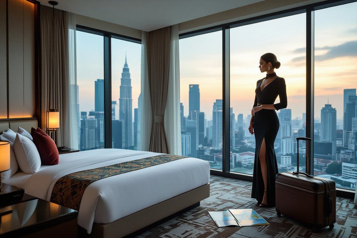 Woman in elegant dress looks at Kuala Lumpur skyline from luxury hotel room. Suitcase and travel guide nearby.