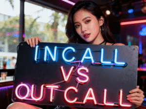 Woman holding "INCALL vs OUTCALL" neon sign in a bar setting.