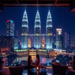 Kuala Lumpur skyline view from rooftop bar, featuring Petronas Twin Towers at night.