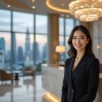 Smiling Asian woman in a black suit at a modern hotel reception desk with city skyline in the background.