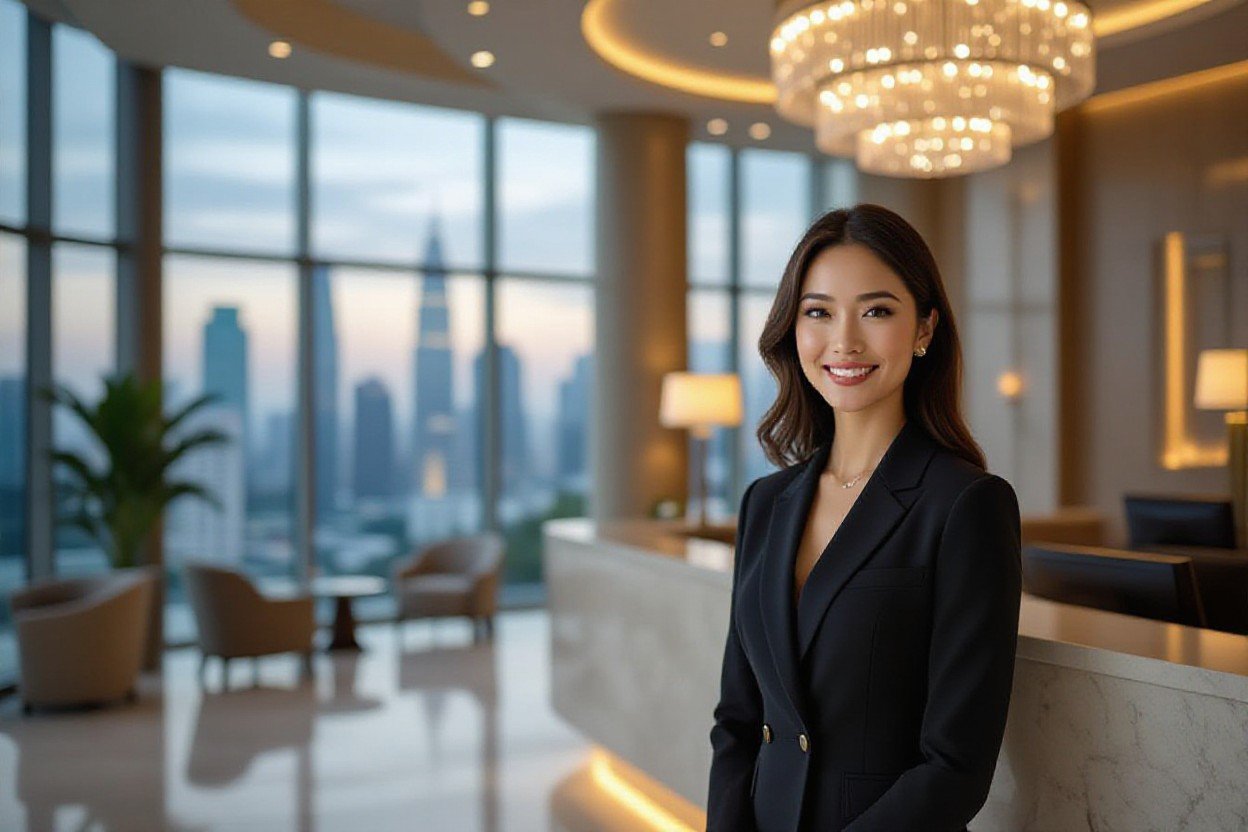 Smiling Asian woman in a black suit at a modern hotel reception desk with city skyline in the background.