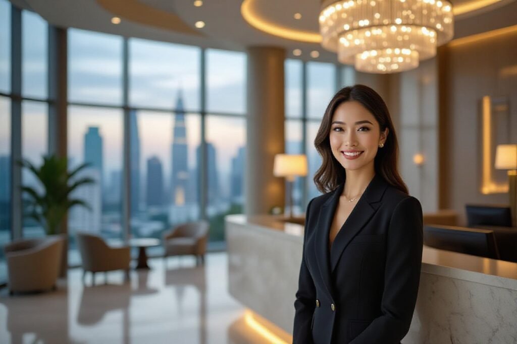 Smiling Asian woman in a black suit at a modern hotel reception desk with a city view.