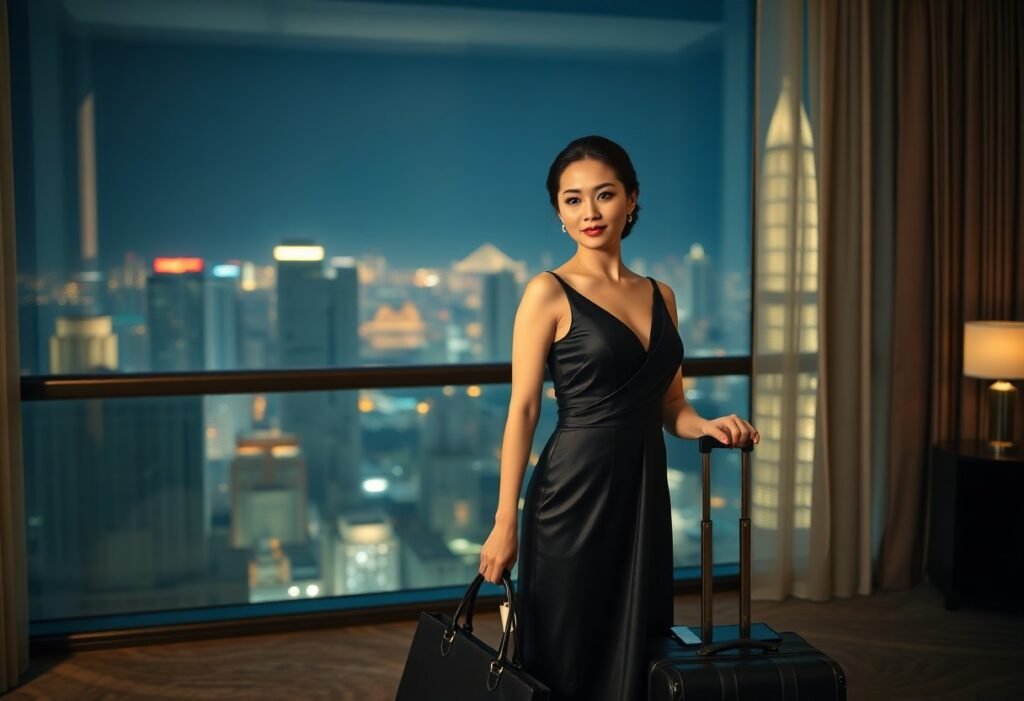 Elegant Asian woman with luggage in a luxury hotel room overlooking the city at night.