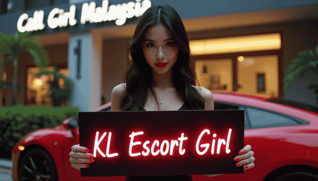 KL Escort Girl holding a sign, red car in background. Call Girl Malaysia sign visible on building.