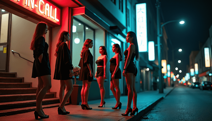 Candid photo of elegant Asian escorts in party dresses gathered by the corner of a three-story building at night, next to a staircase entrance. A prominent sign reads INCALL