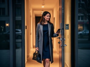 Professional woman in a grey coat and blue dress exiting a building, holding a phone and briefcase.