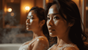Two women in elegant gowns, possibly bridesmaids, in a dimly lit, luxurious setting.
