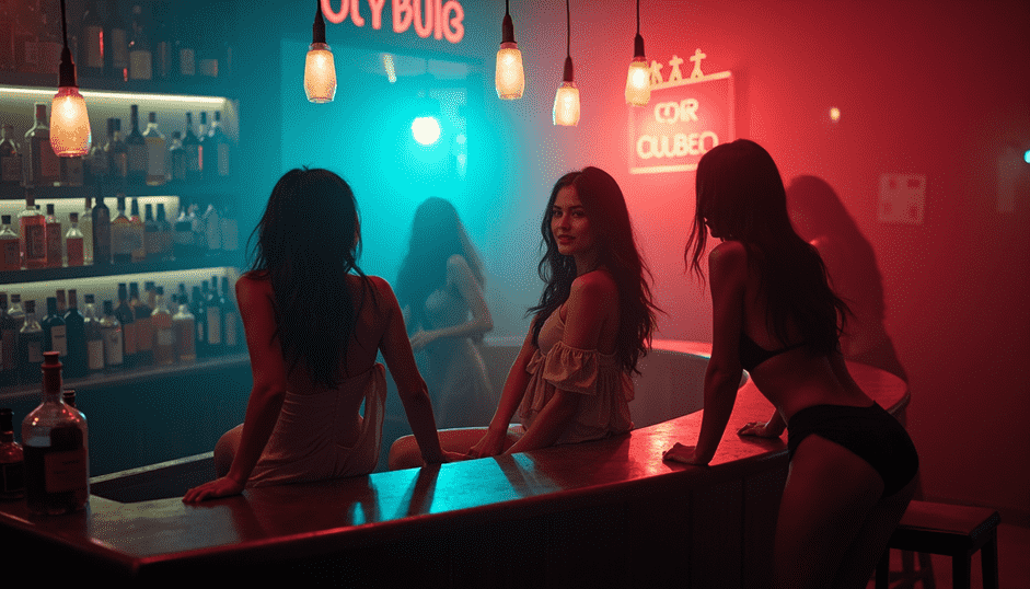 KL escort and Malaysia escort at a bar with neon lights