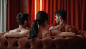 Woman sitting between two men on a sofa in a dimly lit room.
