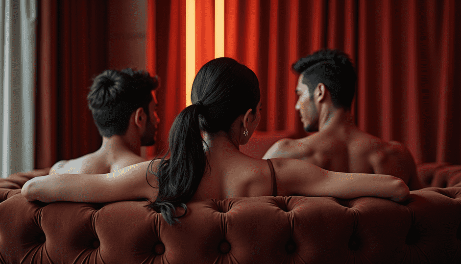 Woman sitting between two men on a sofa in a dimly lit room.