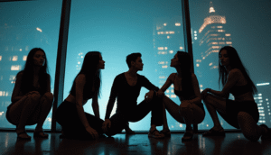 Silhouettes of dancers posing against a city skyline at night