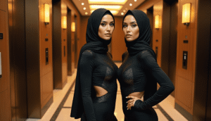 Two women in black hijabs and outfits stand in a modern elevator lobby.