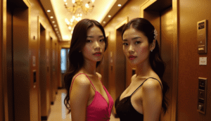 Two elegant women in formal dresses standing in a hotel corridor.