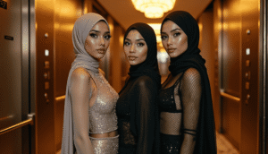 Three stylish women in hijabs posing in a modern elevator.
