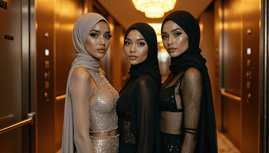 Three stylish women in hijabs posing in a modern elevator.