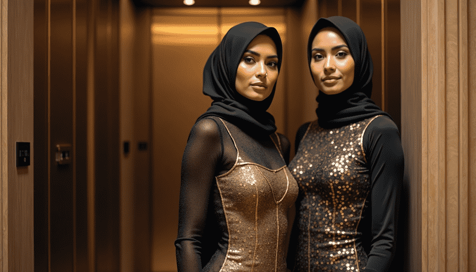 Two stylish women in hijabs and sequined dresses pose in a modern hallway.