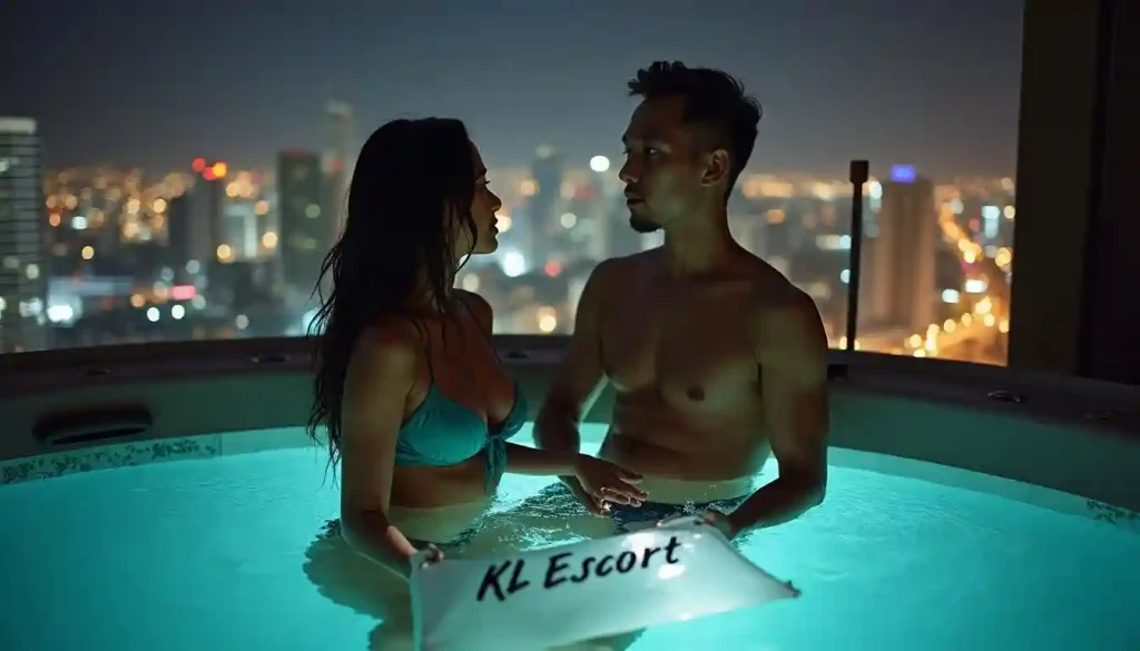 Couple in hot tub overlooking city skyline, KL Escort sign visible