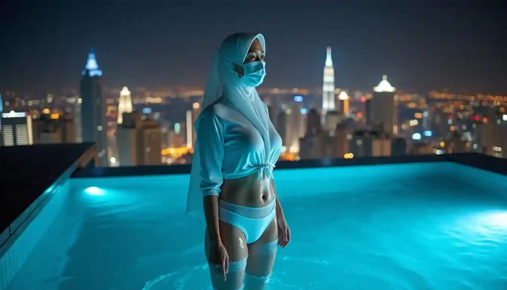 Woman in hijab and mask by pool with Kuala Lumpur skyline