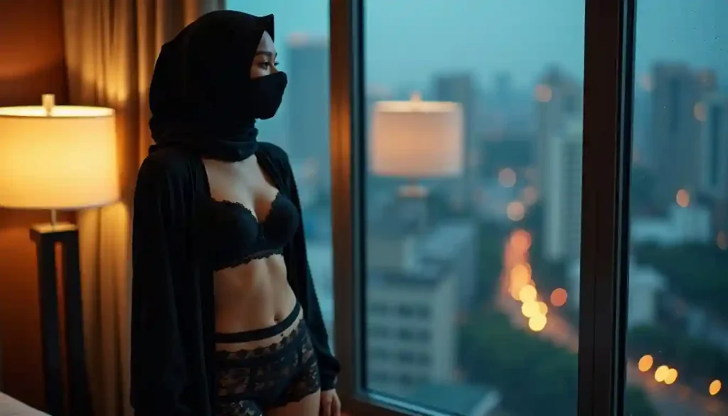 Woman in lingerie and hijab looking out window in Kuala Lumpur